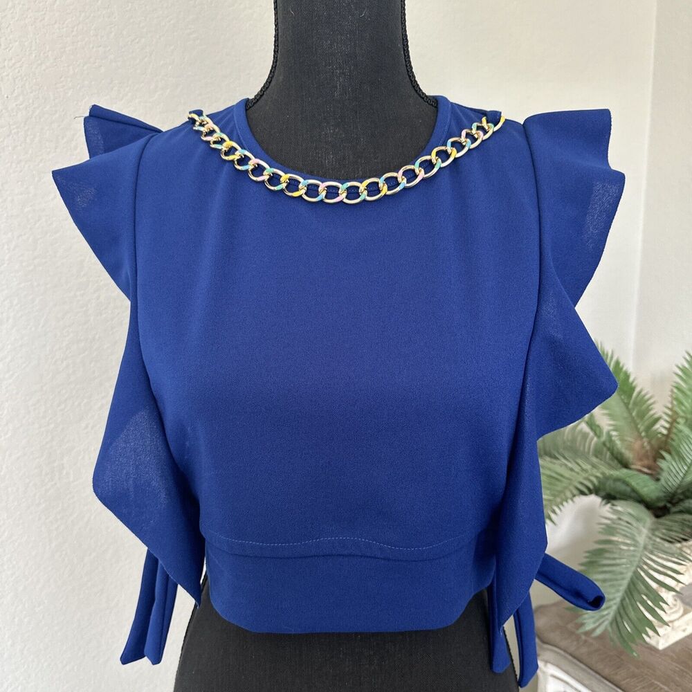 Vintage Y2K Clothing Royal Blue Build‎ in Chain Necklace Crop Top Blouse Ruffle
